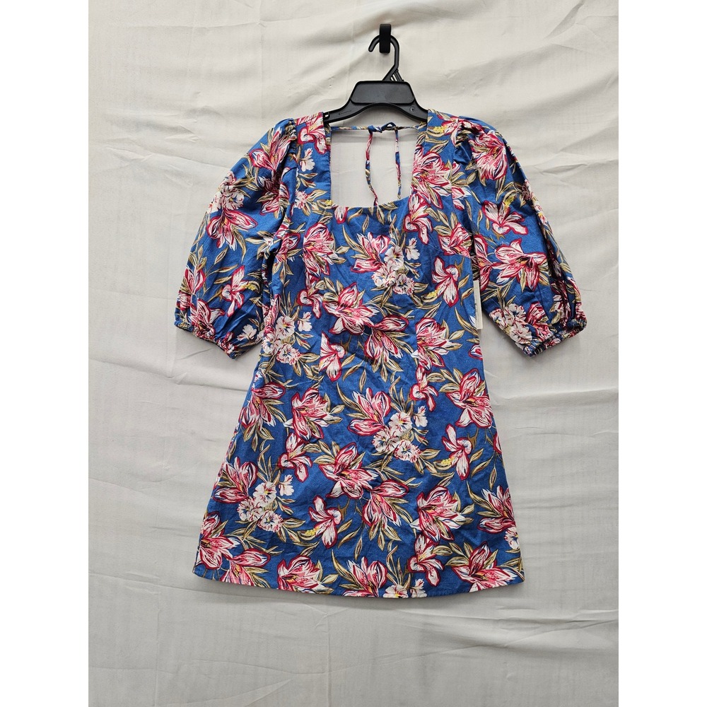 A New Day Womens Floral Puff Sleeve Mini Dress Blue Cotton Blend Size Small
